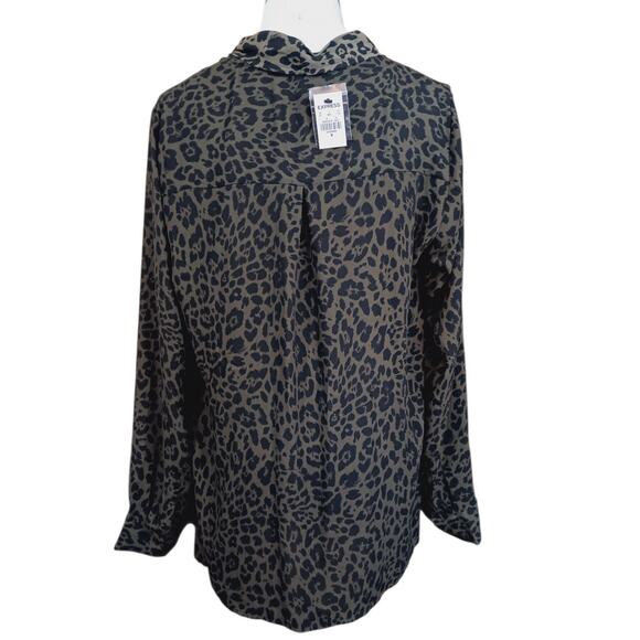 NEW EXPRESS Draped V-Neck Blouse Top Medium Green Black Animal Print Career Work - Picture 4 of 9